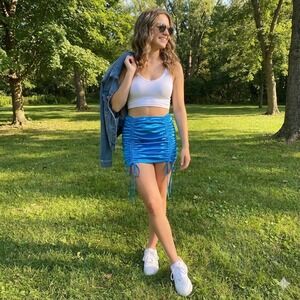 Dolls Kill Club Exx Disco Royal Ruched Micro Mini Skirt Size XXL Blue Stretch